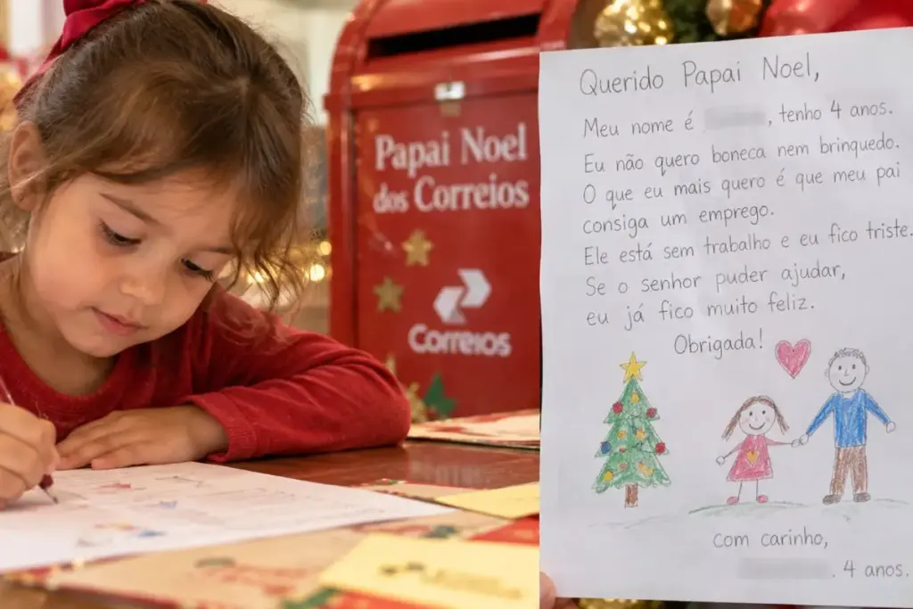 Menina de 4 anos escreve ao Papai Noel dos Correios sem pedir boneca, abre mão do próprio presente para pedir um emprego para o pai, e a carta entra na campanha de 2018 que convida padrinhos a adotarem os pedidos mais urgentes das crianças