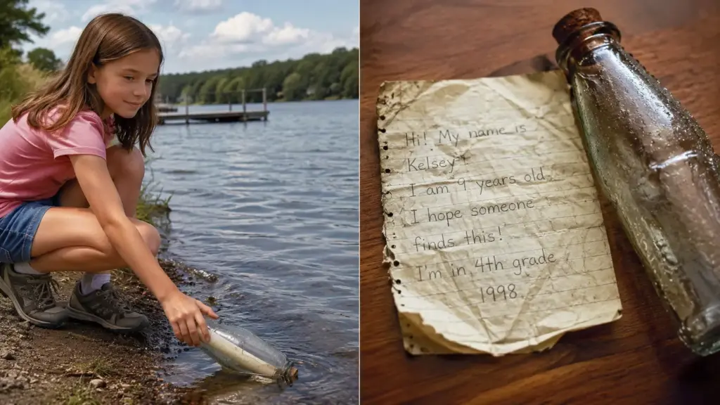 Menina de 9 anos escreve uma carta em 1998, coloca o bilhete dentro de uma garrafa e joga no lago; 26 anos depois, a mensagem reaparece na mesma escola justamente quando sua própria filha completa 9 anos e chega à 4ª série