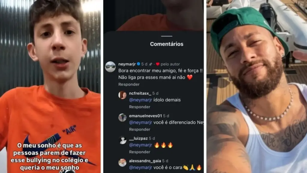 Menino, de 15 anos, grava desabafo sobre bullying após relatar discriminação no colégio, viraliza nas redes e consegue chamar a atenção de Neymar, que responde “bora encontrar meu amigo, fé e força”, enquanto o adolescente comemora a mensagem e mantém o sonho de conhecer o jogador pessoalmente