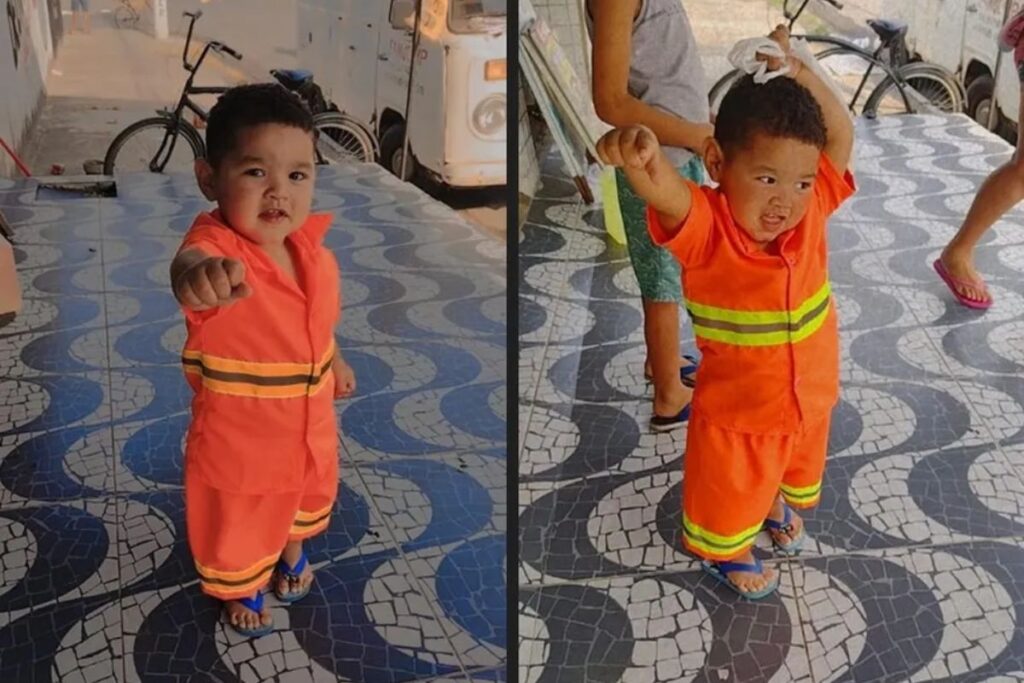 Menino de 2 anos que sobe no sofá para ver os garis passarem ganha festa com tema de coleta de lixo em Praia Grande, veste o uniforme dos coletores, espera na calçada com a família e a equipe para o caminhão para cantar parabéns e ganhar a primeira fatia de bolo