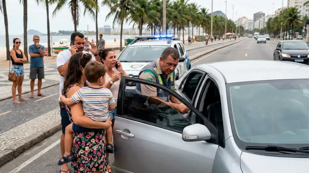 Frentista percebe alarme disparando em carro parado há mais de uma hora em posto de Copacabana, vê menino de 4 anos chorando e se debatendo sozinho, corre com turistas para ajudá-lo e polícia encontra a mãe do outro lado da rua assistindo a pagode em um quiosque