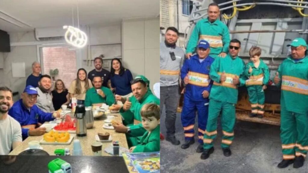 Menino de 4 anos espera toda semana o caminhão de lixo passar em frente de casa, convida os garis para seu aniversário e acorda às 5h40 para recebê-los, até ver a equipe chegar às 6h30 com o veículo da coleta, uniforme personalizado e uma surpresa para colocá-lo no trabalho dos próprios ídolos