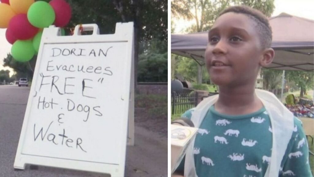 Menino de 6 anos troca viagem dos sonhos à Disney por ajuda a famílias que fugiam do furacão Dorian, usa o dinheiro economizado para comprar comida, monta uma barraca à beira da estrada com placa de “cachorro-quente e água grátis” e consegue alimentar mais de 100 pessoas evacuadas