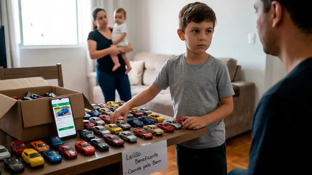 Aos 9 anos, menino decide colocar a própria coleção de carrinhos em leilão para ajudar bebê de 9 meses que precisava de tratamento de R$ 12 milhões, consegue arrecadar R$ 1,4 mil com a venda e, na hora de entregar os brinquedos, é surpreendido pela mulher que venceu a disputa