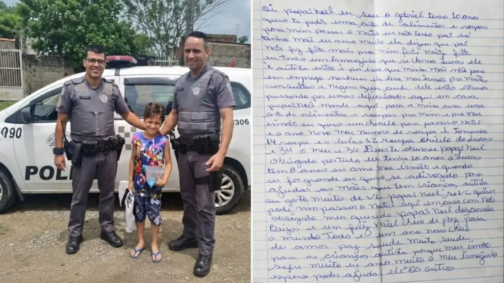 Menino escreve ao Papai Noel dos Correios sem pedir brinquedo, abre mão do próprio presente para pedir comida para a ceia e dois pares de chinelos, um para ele e um para o irmão autista, a carta corre o batalhão e os policiais entregam no mesmo dia cesta básica, calçados e doces na casa do garoto