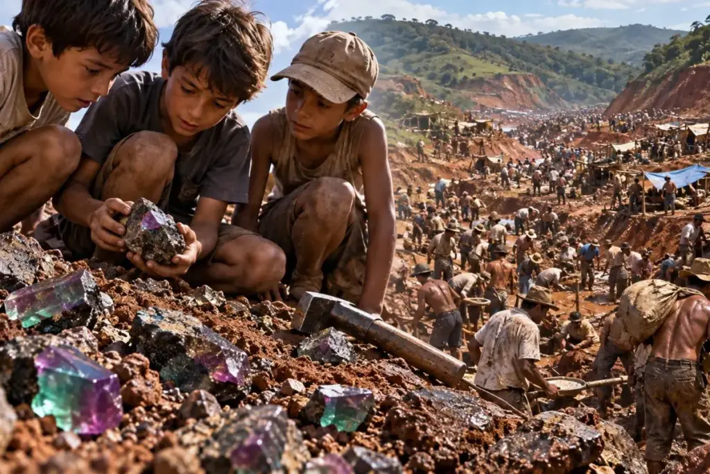 Meninos brincando numa fazenda de Hematita, em Minas, esbarram em 1986 nas primeiras alexandritas, a notícia vaza e 3 mil garimpeiros invadem em 1987 um vale de 200 metros que rende 50 quilos da gema que muda de cor, na corrida que durou 4 meses até o governo mandar fechar a lavra