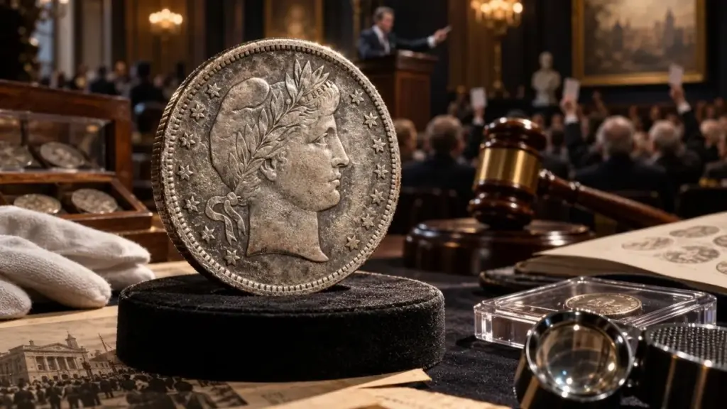 Moeda de apenas 10 centavos cunhada em 1894 nos Estados Unidos vai a leilão 132 anos depois e é vendida por US$ 1,25 milhão, valor explicado pela raridade extrema de uma edição que teve apenas 24 exemplares produzidos e da qual somente nove ainda são conhecidos por colecionadores Moeda de apenas 10 centavos cunhada em 1894 nos Estados Unidos vai a leilão 132 anos depois e é vendida por US$ 1,25 milhão, valor explicado pela raridade extrema de uma edição que teve apenas 24 exemplares produzidos e da qual somente nove ainda são conhecidos por colecionadores