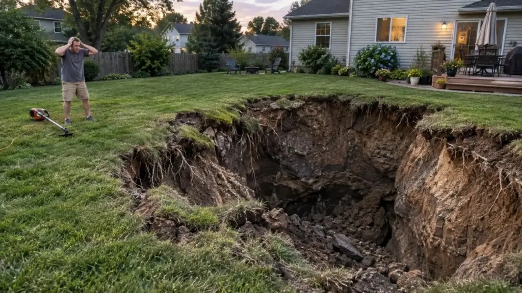 Morador corta o mato do quintal em Nova Jersey, para por segundos porque a roçadeira apresenta problema e, quando se vira, vê uma cratera de cerca de 6 metros de largura e 4,5 metros de profundidade engolir o gramado onde acabara de pisar, fazendo o terreno desaparecer em menos de um segundo