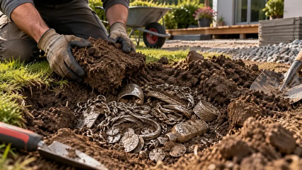Morador retira grama, pedras e cascalho para construir um terraço no quintal, ouve um som diferente e encontra 18,5 kg de prata enterrados havia cerca de 1.100 anos, revelando quase 700 peças e o maior tesouro viking de prata já conhecido na Dinamarca