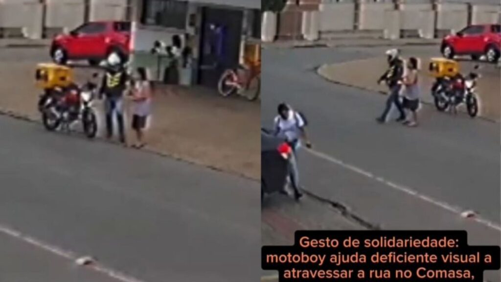 Motoboy de 41 anos vê pessoa com deficiência visual com dificuldade para atravessar rua em SC, volta com a moto, estaciona, desce ainda de capacete e oferece o braço para conduzi-la até o outro lado antes de retomar normalmente o trabalho Motoboy de 41 anos vê pessoa com deficiência visual com dificuldade para atravessar rua em SC, volta com a moto, estaciona, desce ainda de capacete e oferece o braço para conduzi-la até o outro lado antes de retomar normalmente o trabalho