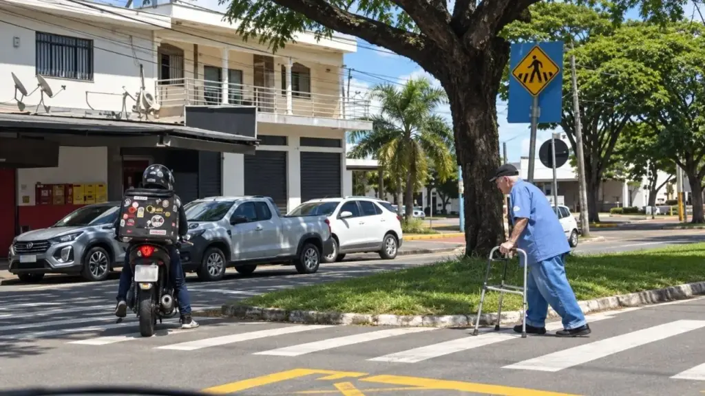 Motoboy para a moto no meio da avenida em Maringá para ajudar idoso com andador a atravessar na faixa de pedestres, vídeo viraliza e ele revela que faz isso todos os dias no trânsito da cidade Motoboy para a moto no meio da avenida em Maringá para ajudar idoso com andador a atravessar na faixa de pedestres, vídeo viraliza e ele revela que faz isso todos os dias no trânsito da cidade
