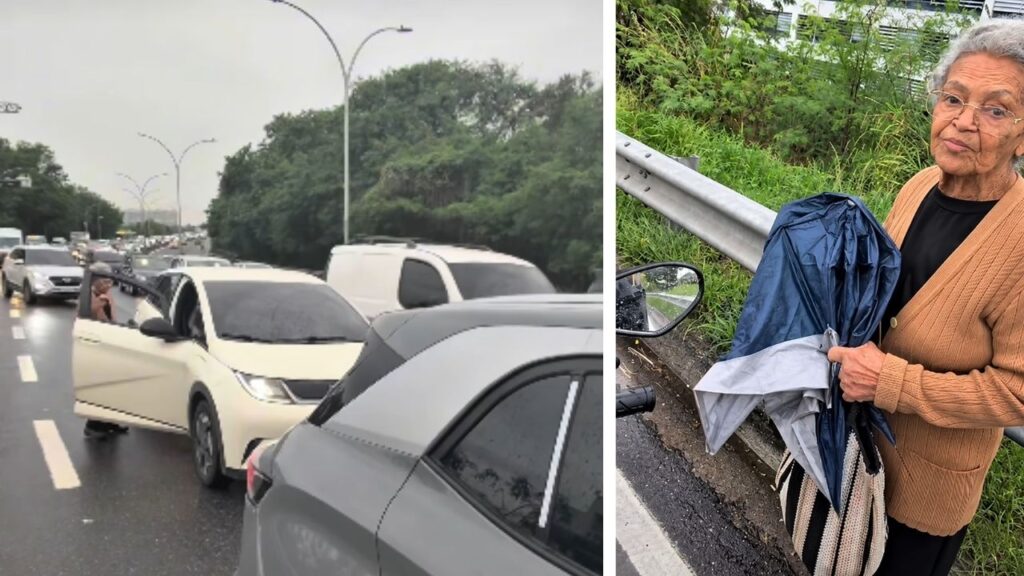 Motorista de aplicativo vê idosa de 89 anos caminhando sozinha pela Linha Vermelha após sair de hospital no Rio, reduz a velocidade, liga o pisca-alerta para protegê-la dos carros, recebe ajuda de outro motorista e de um motociclista e consegue retirar a senhora da via até localizar seus familiares