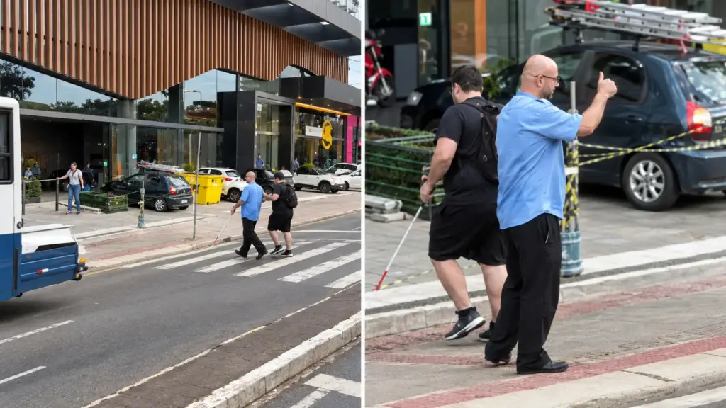 Motorista de ônibus percebe passageiro cego sem acompanhante em avenida movimentada no horário de pico, desce do transporte, auxilia o homem e atravessa com ele até o outro lado da rua Motorista de ônibus percebe passageiro cego sem acompanhante em avenida movimentada no horário de pico, desce do transporte, auxilia o homem e atravessa com ele até o outro lado da rua