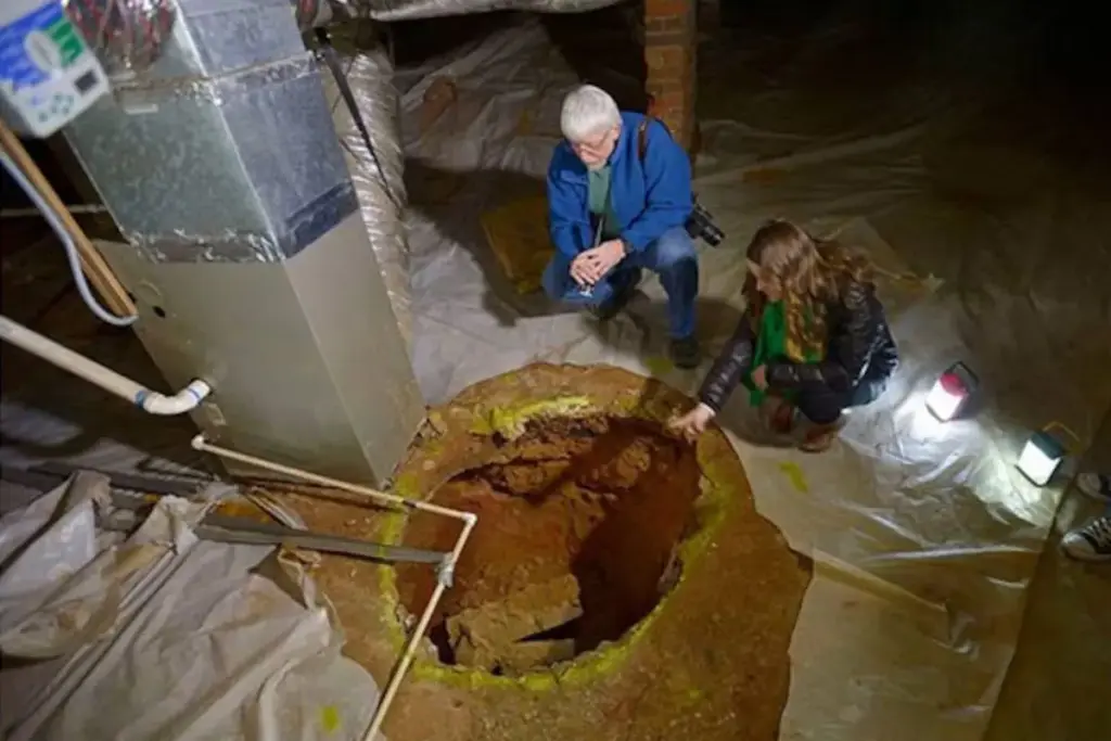 Mulher desceu ao porão atrás dos enfeites de Natal em novembro de 2018, deu de cara com um buraco redondo de 1,5 metro que engoliu um pilar de tijolos da casa e descobriu que o vão deve ser a boca de uma mina de ouro de 150 anos, uma das mais de 75 que operaram sob a cidade americana