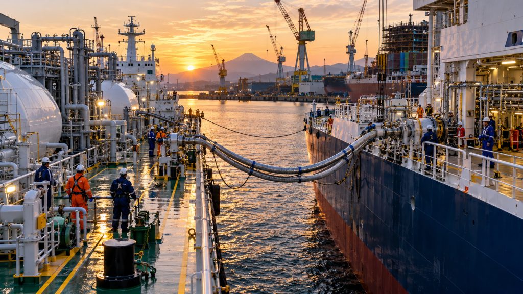 Navio abastece embarcação movida a amônia no Japão por mangueiras, em operação pioneira entre barcos no cais antes dos testes no mar