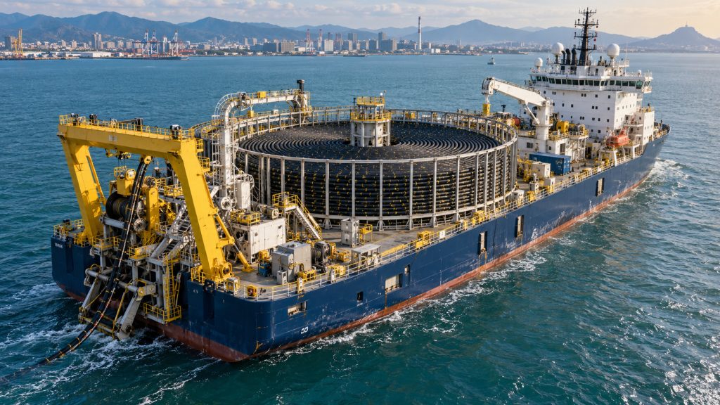 Navio de instalação de cabos submarinos chega a Taiwan com carrossel para 8 mil toneladas e arado para enterrar cabos no fundo do mar Navio de instalação de cabos submarinos chega a Taiwan com carrossel para 8 mil toneladas e arado para enterrar cabos no fundo do mar