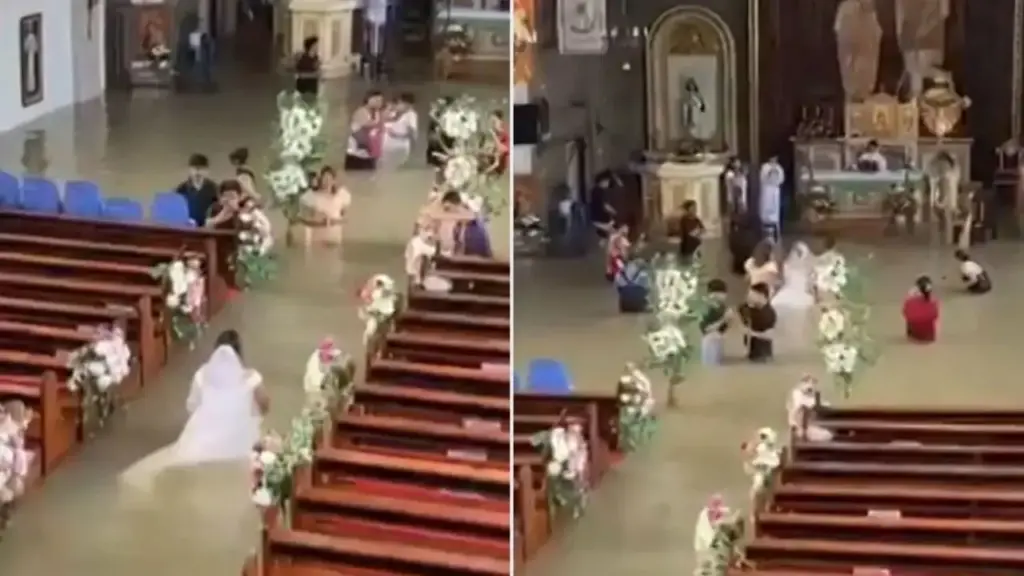 Noiva chega para casar nas Filipinas e encontra a igreja tomada pela enchente, mas entra na água turva até a cintura com vestido branco, atravessa o corredor alagado e chega ao altar diante de menos de 15 pessoas, mesmo após a igreja recomendar que a cerimônia fosse adiada por causa da cheia