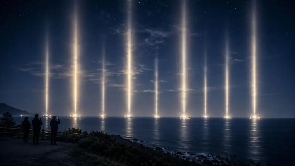 Nove pilares de luz surgem no céu noturno do Japão, assustam moradores e alimentam teorias sobre OVNIs, mas a explicação está no mar: barcos de pesca usam lâmpadas intensas para atrair lulas e peixes, e cristais de gelo na atmosfera refletem a iluminação, criando gigantescas colunas luminosas sobre o horizonte