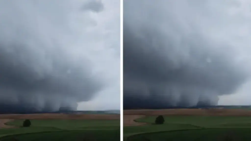 Nuvem gigante avança como uma parede sobre cidade de SC, encobre o horizonte e transforma o dia em noite diante de drone, enquanto região entra em alerta para temporal com granizo, chuva de até 100 mm e rajadas de vento que podem chegar a 100 km/h