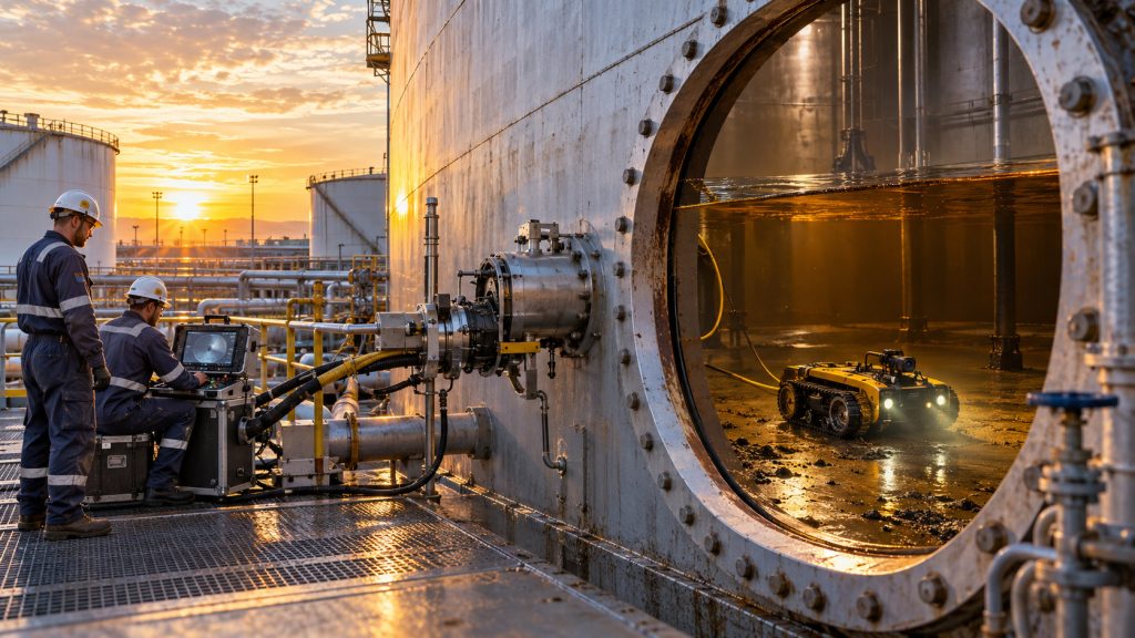 Robô entra em tanque industrial cheio, examina o fundo sem retirar o produto e mantém trabalhadores do lado de fora durante a inspeção