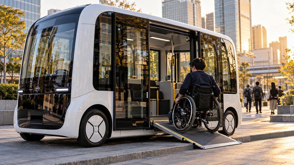 Toyota coloca à venda no Japão veículo elétrico que leva passageiros, vira loja móvel e oferece rampa para cadeirantes embarcarem sem ajuda