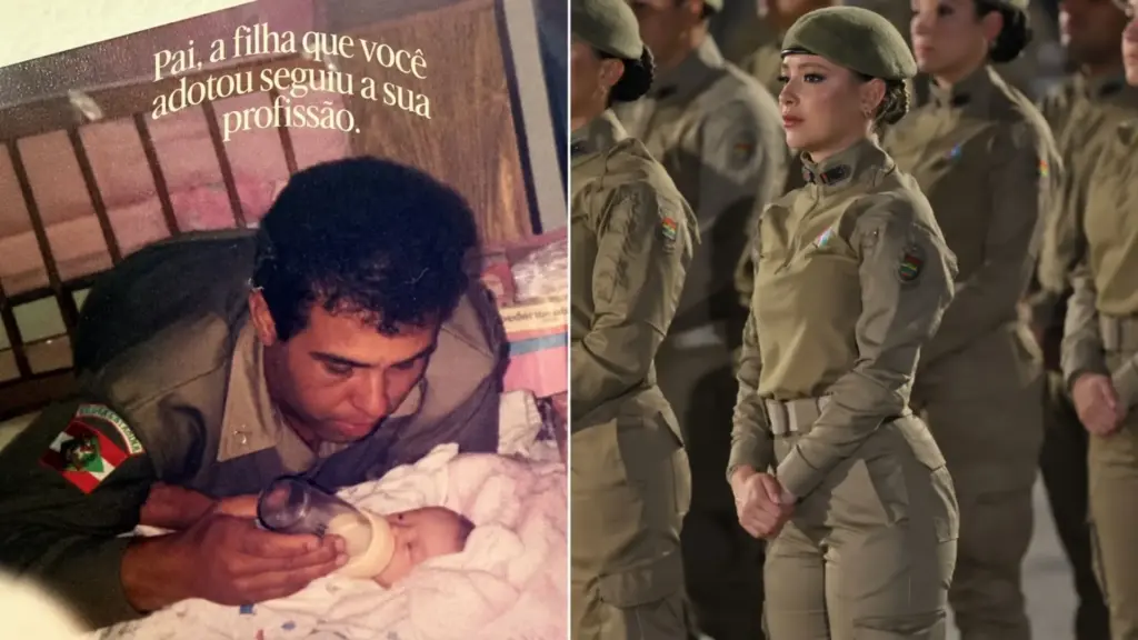 “Pai, a filha que você adotou seguiu a sua profissão”: filha recria décadas depois a história registrada numa foto em que aparece bebê recebendo mamadeira do pai policial e veste o mesmo escudo da PMSC durante a Formatura do Fogo em Itajaí “Pai, a filha que você adotou seguiu a sua profissão”: filha recria décadas depois a história registrada numa foto em que aparece bebê recebendo mamadeira do pai policial e veste o mesmo escudo da PMSC durante a Formatura do Fogo em Itajaí