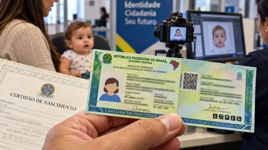 Pais já podem emitir a nova Carteira de Identidade Nacional para crianças e até bebês, primeira via impressa é gratuita, atendimento exige certidão de nascimento, coleta de dados e fotografia presencial e documento costuma ficar pronto entre 5 e 10 dias úteis, enquanto segunda via em Santa Catarina custa R$ 46,89