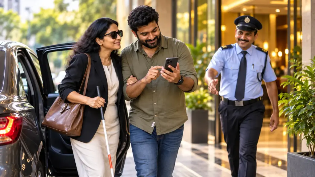 Passageira cega aceita corrida com motorista surdo, dupla utiliza celular e gestos para se comunicar, adaptam a comunicação e ele ainda busca um segurança para acompanhar a passageira até a entrada