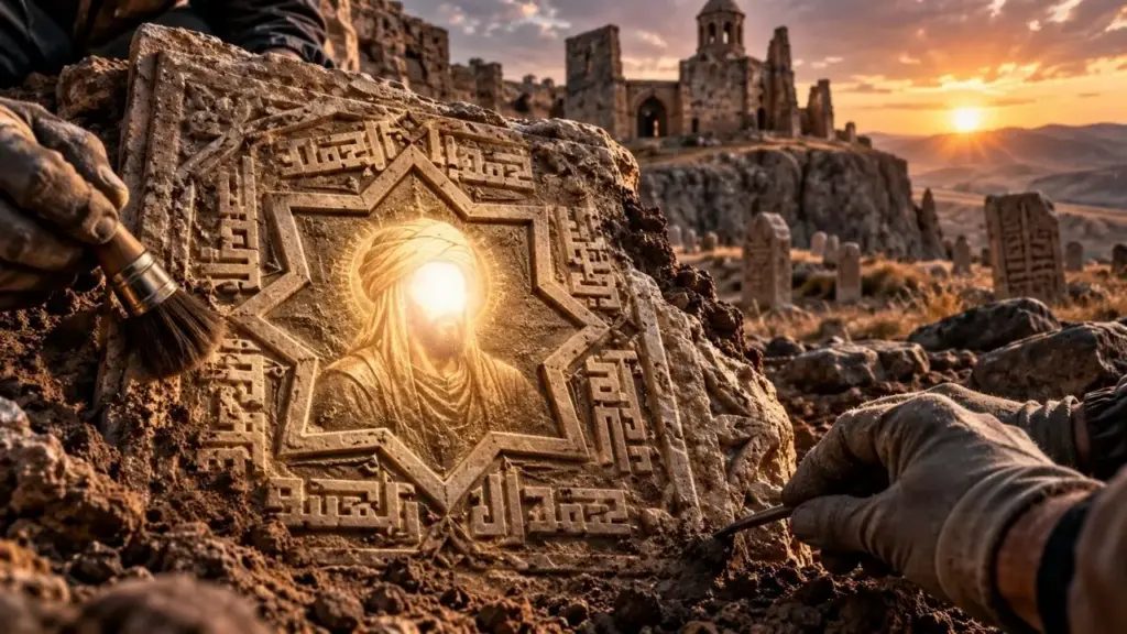 Pedra seljúcida descoberta em cemitério medieval na Turquia preserva inscrições cúficas com o nome do profeta Maomé repetido seis vezes ao redor de uma estrela de oito pontas, achado que arqueólogos associam à decoração de um mausoléu e às primeiras tradições turco-islâmicas consolidadas na Anatólia após a conquista de Ani
