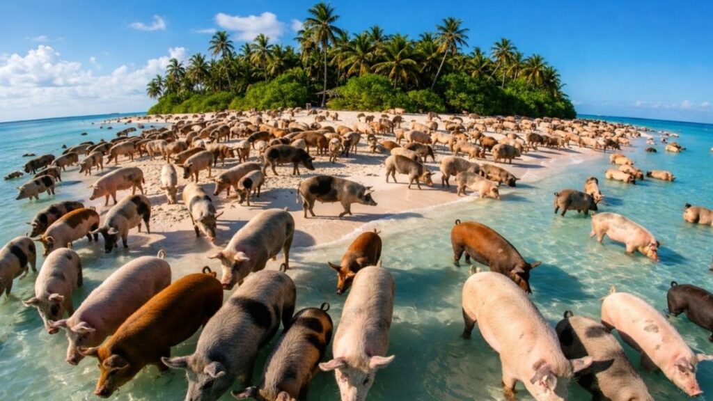 Pequena ilha privada da Grécia com praias paradisíacas virou sensação nas redes por um motivo inesperado: rebanhos de porcos circulam livres pela areia, entram no mar, nadam ao lado de turistas e transformam Atocos, acessível apenas de barco, em um dos cenários mais curiosos do Mediterrâneo