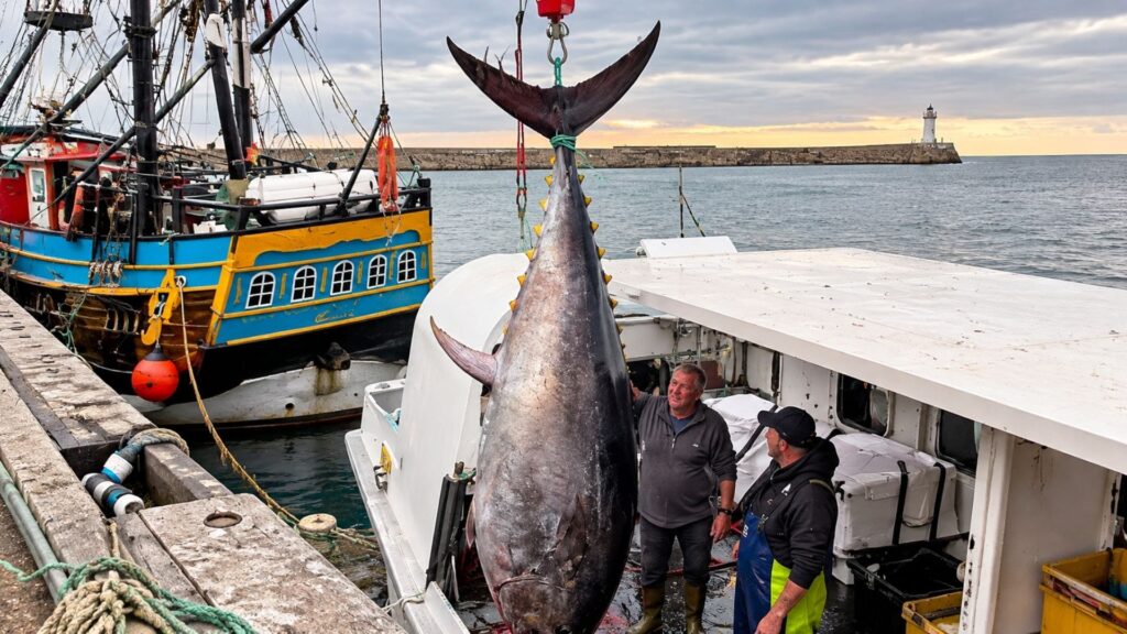 Pescadores passam uma semana procurando atum-vermelho no Mar do Norte e capturam gigante de 339 kg em Whitby, onde a espécie não era registrada havia quase 90 anos; no dia seguinte, outro exemplar de cerca de 320 kg sobe ao cais e reforça sinais de retorno às águas de Yorkshire