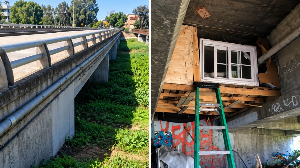 Pessoas em situação de rua constroem moradia improvisada sob viaduto, fotos do loft com paredes e janelas circulam pela internet, chegam até a polícia e ela determina 72 horas para estrutura ser desmontada na Califórnia