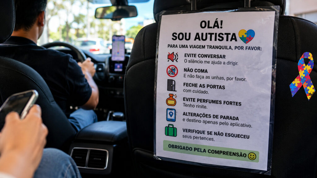 Motorista autista coloca placa pedindo silêncio, cuidado ao fechar portas e mudanças pelo aplicativo, enquanto Uber e 99 não têm ferramenta específica informada publicamente para necessidades sensoriais
