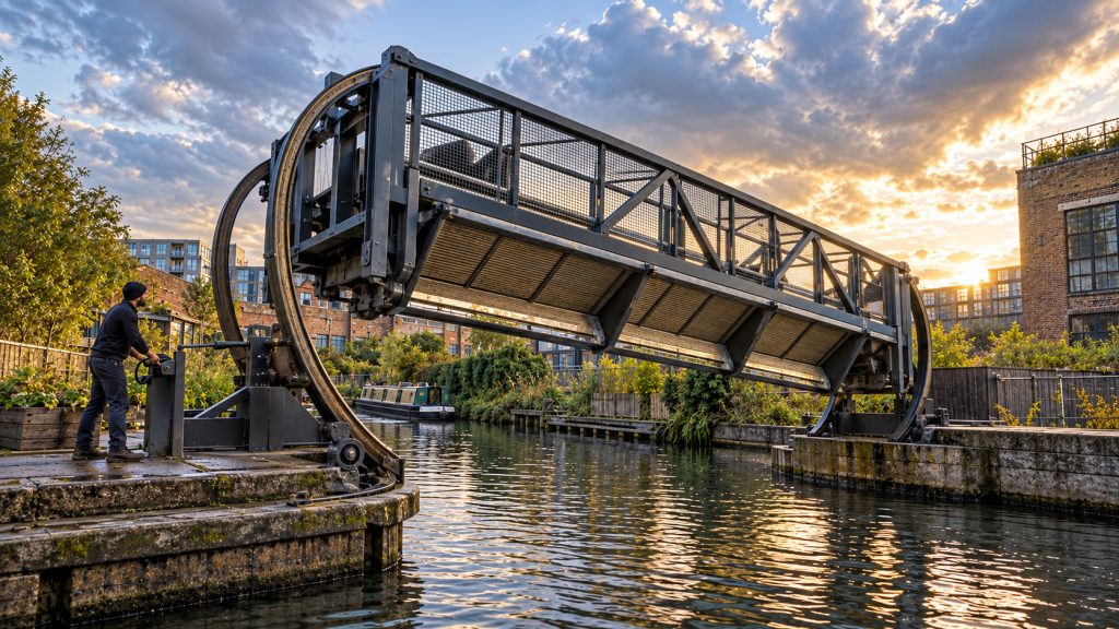 Ponte de 13 toneladas vira de cabeça para baixo em Londres e uma única pessoa consegue movimentar a estrutura usando apenas uma manivela