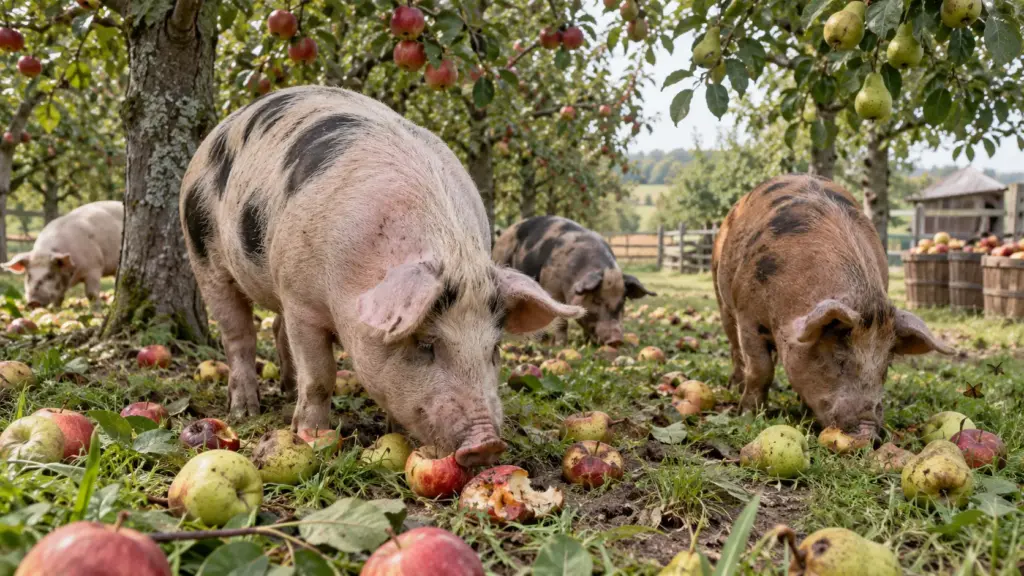 Fazendeiros soltam porcos no pomar depois da colheita, os animais passam o dia devorando frutas caídas, larvas e restos no meio das árvores, a limpeza chega a eliminar de 90% a 100% dos frutos do chão e o pomar limpo vira uma barreira natural contra as mariposas que atacariam a safra seguinte