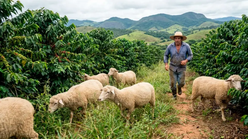 Fazendeiro mineiro coloca mais de 500 carneiros dentro de 22 hectares de café, os animais passam o dia comendo o mato, adubando o solo com esterco e ajudando no manejo da lavoura, custo da capina cai 80%, gasto com adubação recua até 40% e a fazenda ainda reduz despesas com ração, mão de obra, herbicidas e outros defensivos