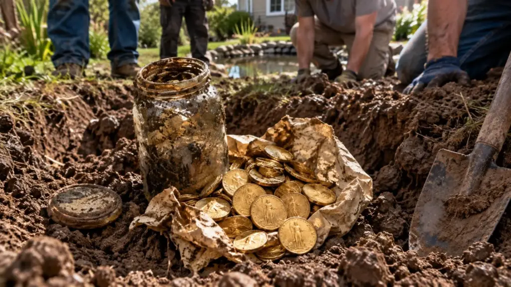 Quatro moradores começam a cavar um lago para sapos num quintal e encontram um vidro com 80 moedas americanas de ouro de US$ 20, mas uma investigação descobre que o tesouro havia sido enterrado durante a Segunda Guerra e localiza o filho do banqueiro judeu que era seu verdadeiro dono