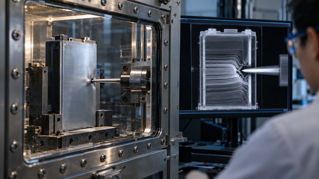 Raios X filmam baterias de carros elétricos com mil imagens por segundo e revelam gases, materiais em movimento e falhas durante testes de segurança
