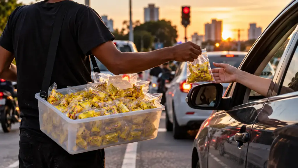 Rejeitado em vagas de emprego, jovem de 25 anos monta ponto de venda de paçocas no farol, trabalha mais de 10 horas diárias para sustentar a família e não desiste do sonho de virar empresário