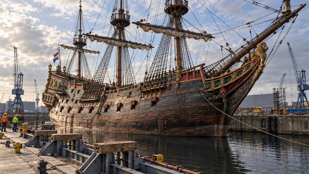 Réplica de navio histórico de 1628 volta à doca após 31 anos e terá berço com 90 toneladas de aço para ficar em terra Réplica de navio histórico de 1628 volta à doca após 31 anos e terá berço com 90 toneladas de aço para ficar em terra
