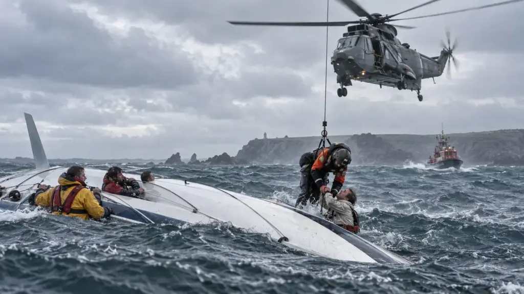 Vocalista do Duran Duran participa de regata internacional, quilha de iate se rompe e Simon Le Bon fica preso com cinco tripulantes dentro do casco virado, respirando fumaça de diesel até mergulhador da Marinha resgatá-los