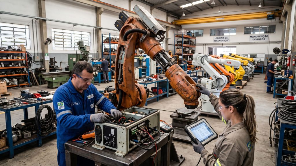 Robôs industriais usados são reformados no Brasil e podem custar até 60% menos que novos enquanto fábricas aceleram busca por automação.