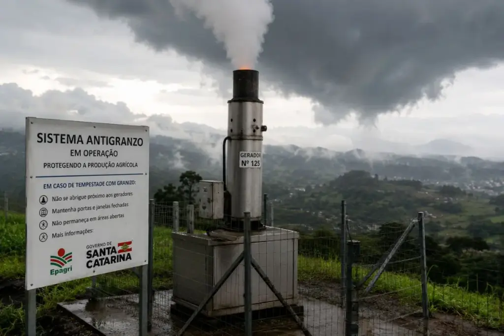 Santa Catarina opera desde 1989 um sistema antigranizo com 170 geradores de solo que queimam iodeto de prata em 13 municípios para encolher as pedras de gelo ainda nas nuvens, e prepara expansão de R$ 12 milhões para 26 cidades