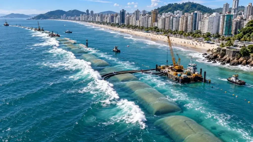 Santos aposta em solução inédita no Brasil para frear o avanço do mar, enterra geotubos gigantes cheios de areia sob a água para quebrar a força das ondas, protege trecho onde vivem 34,8 mil pessoas e prepara expansão de 500 metros para 1,4 quilômetro após investimento inicial de R$ 3 milhões