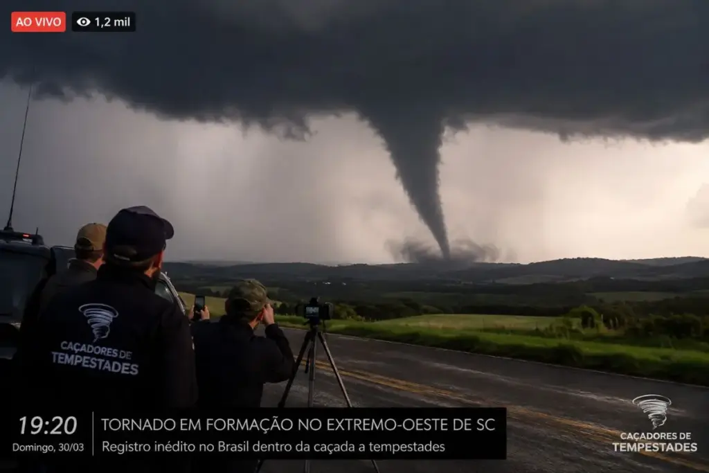 Seis caçadores de tempestades transmitiam ao vivo no YouTube quando um tornado se formou no Extremo-Oeste de Santa Catarina, por volta das 19h20 de domingo (30), no que o meteorologista da equipe classificou como registro inédito no Brasil dentro da caçada a tempestades