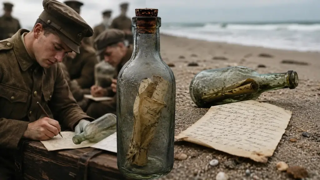 Soldados colocam cartas dentro de uma garrafa a caminho da Primeira Guerra em 1916, um deles morre em combate no ano seguinte e, 109 anos depois, as mensagens reaparecem em uma praia da Austrália com o papel ainda legível, permitindo que as famílias dos autores sejam encontradas mais de um século após o último adeus