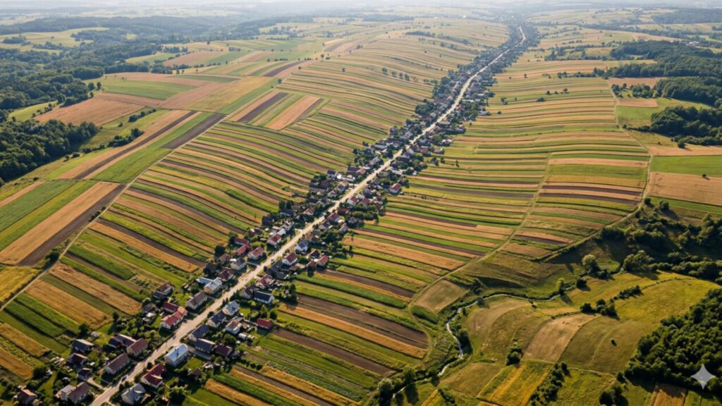 Mais de 5 mil moradores vivem concentrados ao longo de uma única rua de quase 9 km no interior da Polônia, casas formam uma fila contínua e atrás delas surgem faixas agrícolas estreitas que criam um dos padrões rurais mais incomuns da Europa