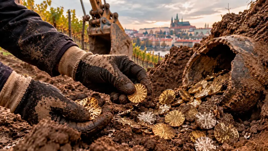 Funcionária acompanha obra para evitar que escavação rompa um cabo subterrâneo, vê objetos caindo da terra e pensa serem tampinhas de cerveja, mas encontra 768 moedas de ouro e prata datadas de 1771 a 1937, tesouro com cerca de 6 quilos foi levado a museu e abriu mistério sobre quem enterrou a fortuna