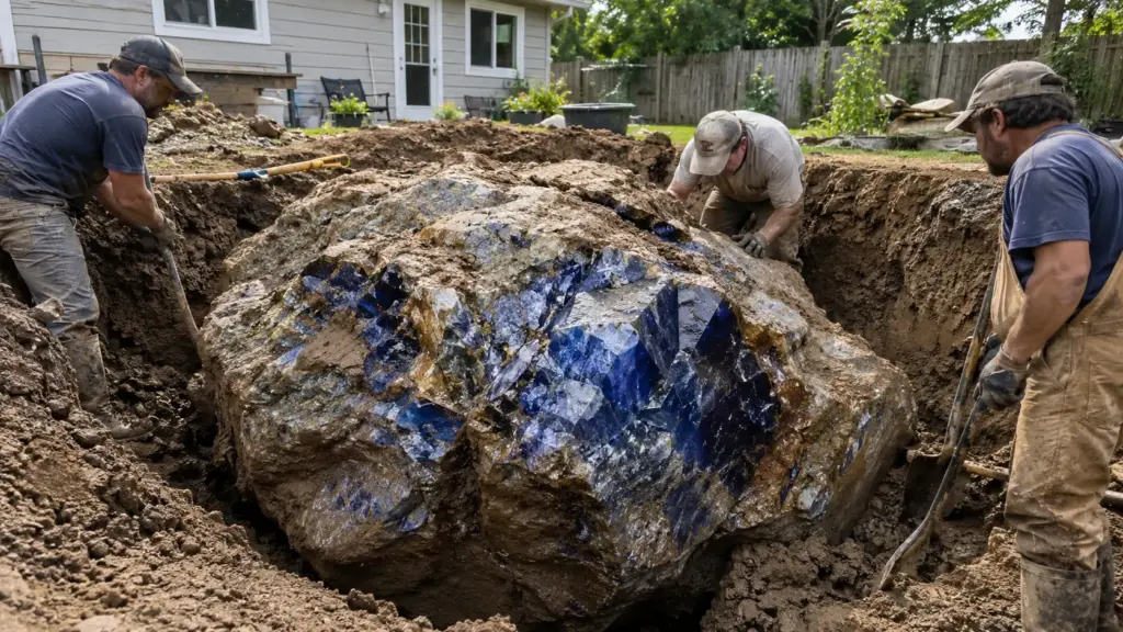 Trabalhadores cavam um poço no quintal de uma casa e encontram uma pedra de 510 kg escondida no solo: bloco reúne cerca de 2,5 milhões de quilates de safira e entra para a história como um dos maiores aglomerados já encontrados no mundo