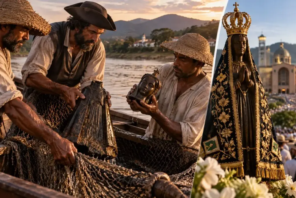 Três pescadores lançam as redes no rio Paraíba do Sul em outubro de 1717, tiram da água o corpo de uma imagem mutilada e depois a cabeça que se encaixa perfeitamente, e o achado de João Alves, Felipe Pedroso e Domingos Garcia vira Nossa Senhora Aparecida, a padroeira que hoje atrai 12 milhões de peregrinos por ano Três pescadores lançam as redes no rio Paraíba do Sul em outubro de 1717, tiram da água o corpo de uma imagem mutilada e depois a cabeça que se encaixa perfeitamente, e o achado de João Alves, Felipe Pedroso e Domingos Garcia vira Nossa Senhora Aparecida, a padroeira que hoje atrai 12 milhões de peregrinos por ano